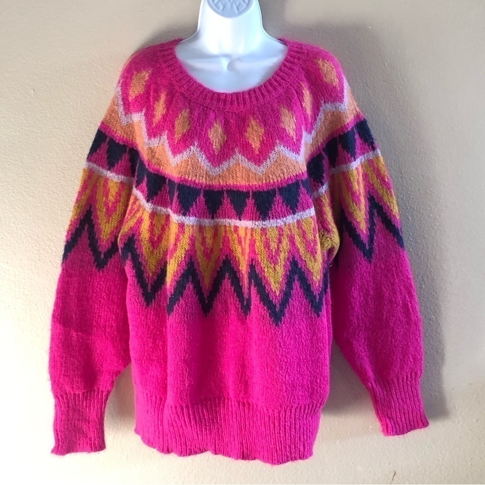 A New Day Barbiecore Fair Isle Crew Neck Fuzzy Pullover Sweater Knit Plus Sz 2XL